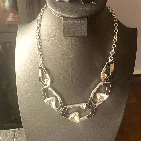 EL Vintage Black enamel and Clear Crystal Statement necklace, in Silver tone - Picture 1 of 4